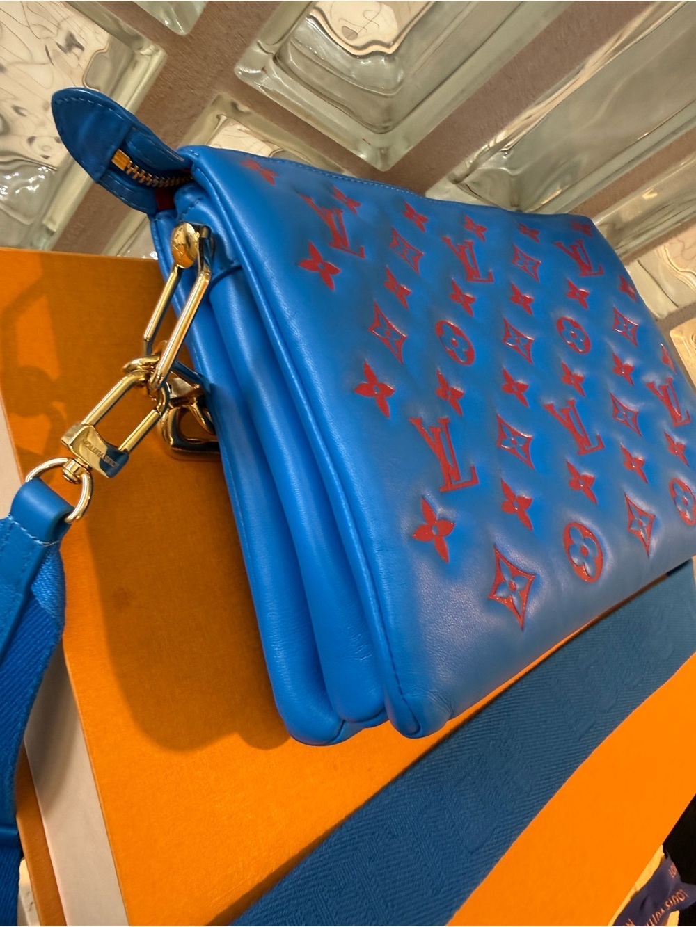 Louis Vuitton Blue & Red Quilted Monogram Coussin PM Bag with Gold Chain & Strap - Picture 8 of 14